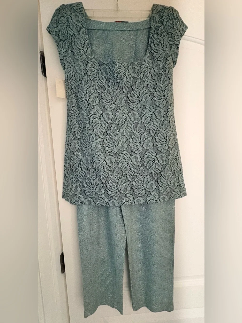 Elegant Lace Knit Trousers Set in Dusty Seafoam